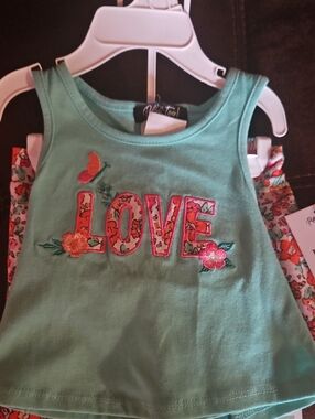 Girls' Mint Green LOVE Embroidered Tank Top And Short SET